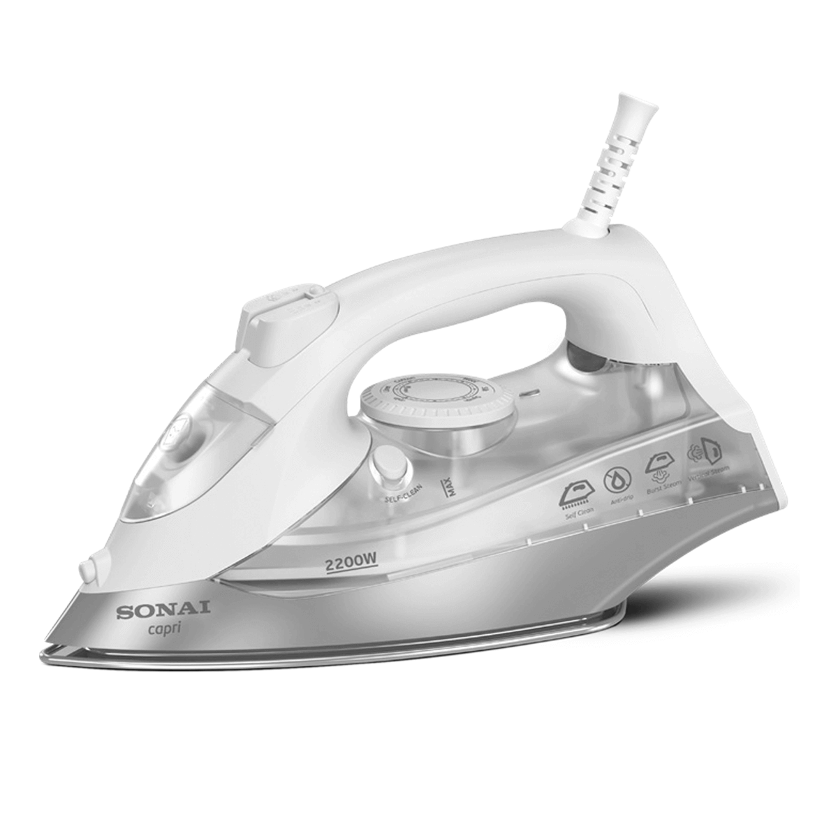 Sonai Steam Iron Capri – Ceramic Plate MAR-8200, 2200 Watt, adjustable steam, White color Sonai Steam Iron Capri – Ceramic Plate MAR-8200, 2200 Watt, adjustable steam, White color
